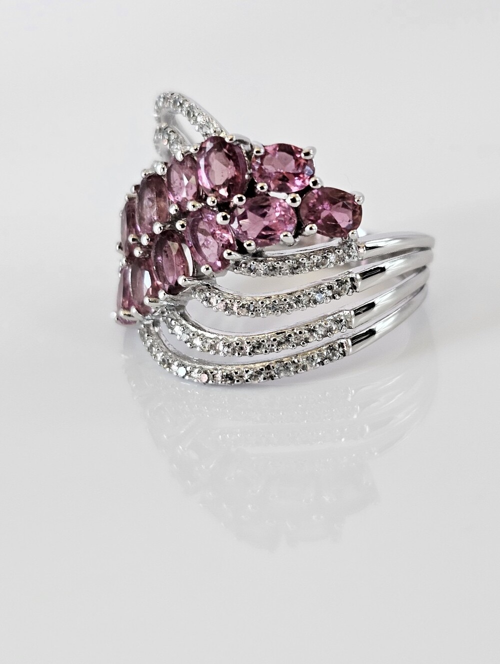 Genuine Pink Tourmaline & White Zircon Ring Sterling Silver Rhodium Overlay Sz 7 - Picture 2 of 6